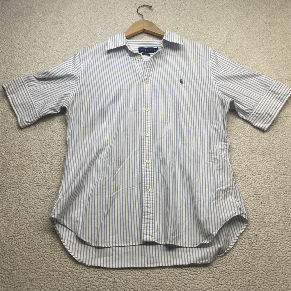 Ralph Lauren Shirt Mens XL Blue White Stripe Slim Fit Short Sleeve Button Down